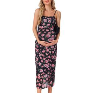 Maternity Mesh Ruched Side Bodycon Spaghetti Strap Dresses Black Rose